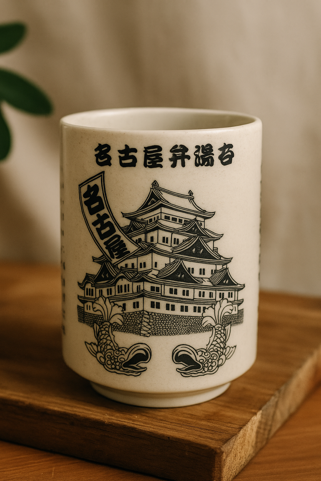 Nagoya Castle illustration with Japanese text teacup
